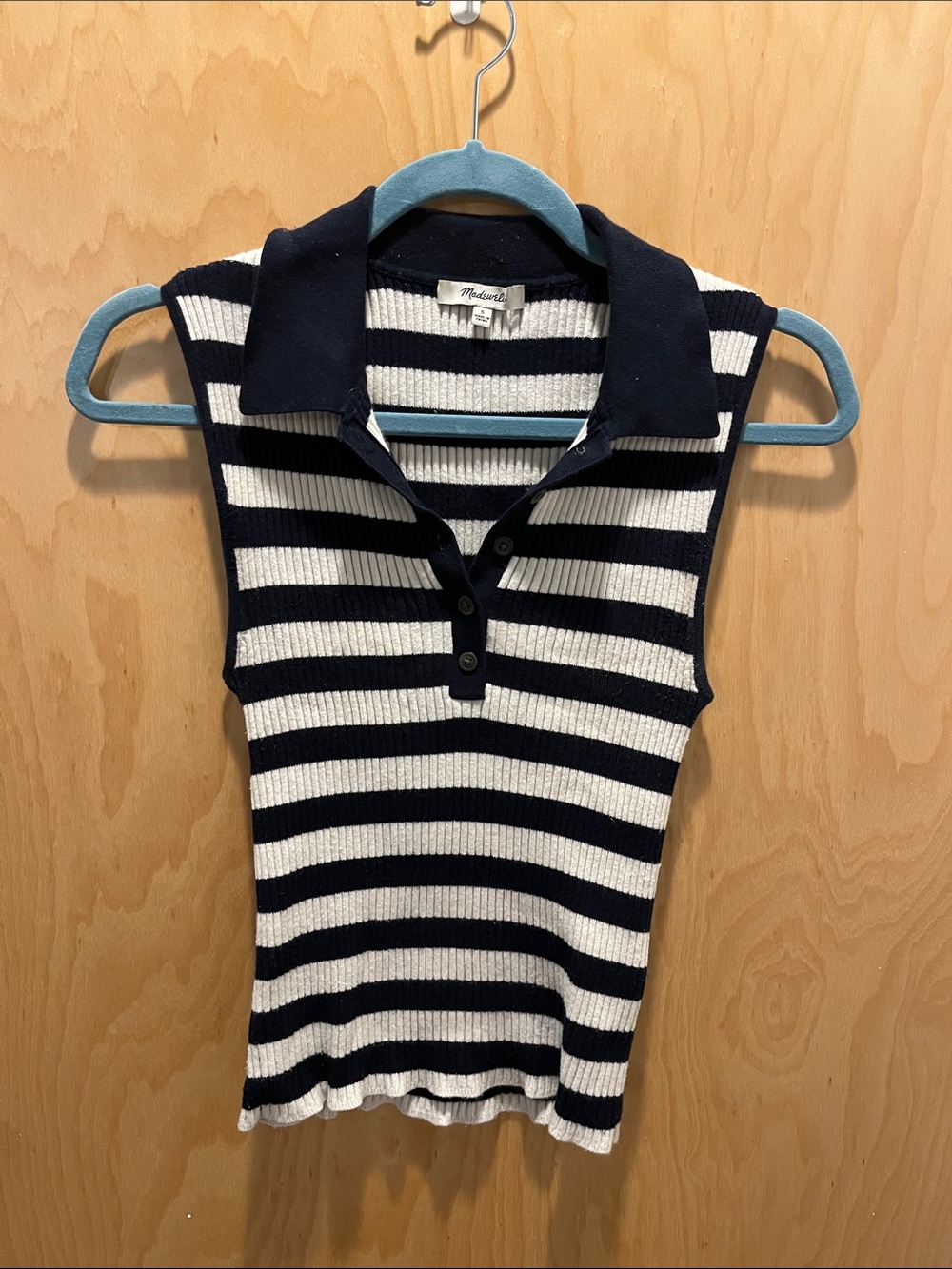 Madewell Navy and White Striped Sleeveless Polo Tank